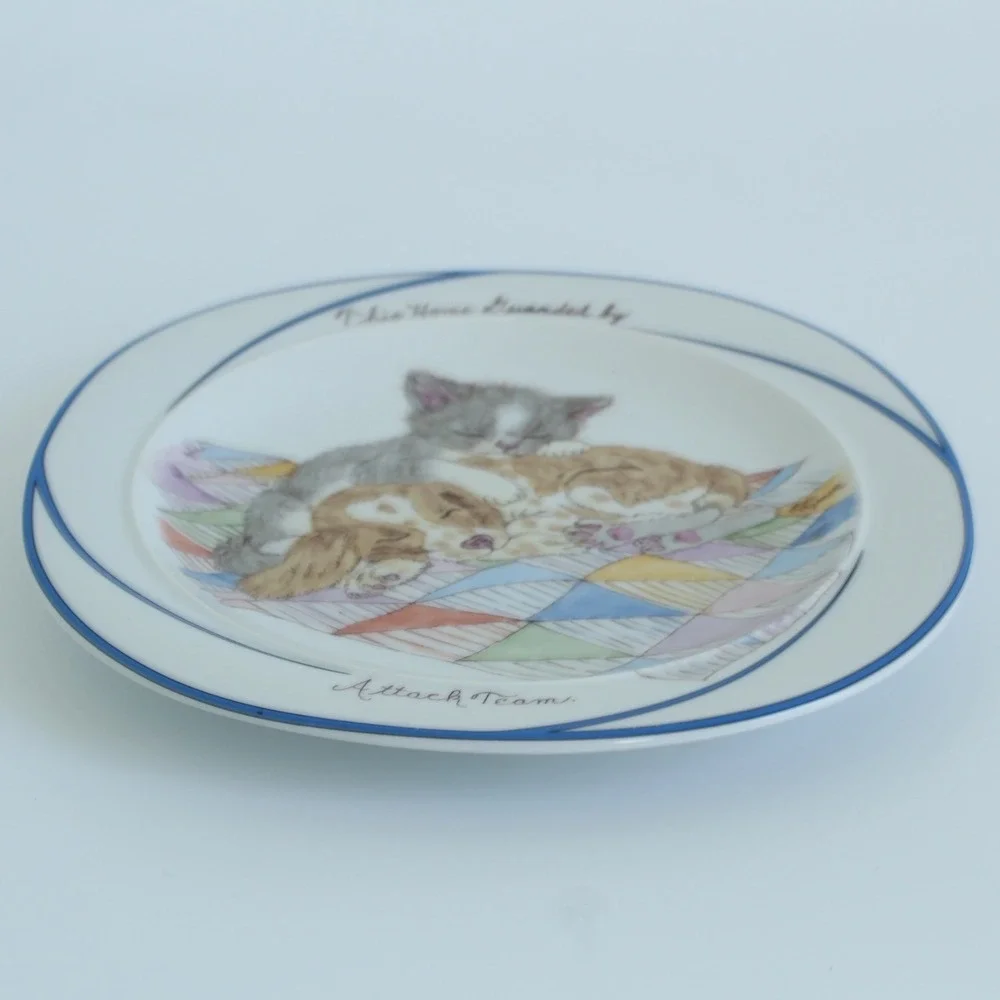 Mikasa Scallops Attack Team Cat Dog Fine China Plate White Blue 7.5 Inch Vintage